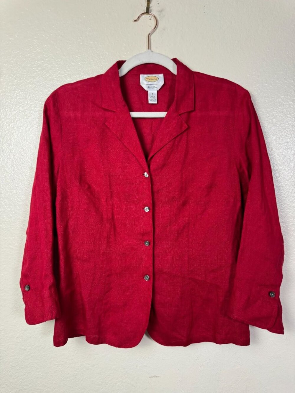 Talbots Womens Irish Linen Button Up Shirt Top 3/4 Sleeve Red Size 8 Lagenlook